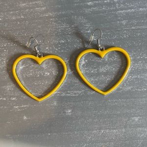Hippie Retro Fun Yellow Silver Heart Hoop Dangle Earrings